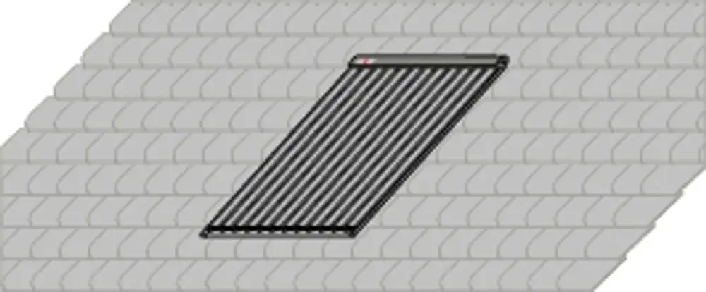 Montageset auf einem Dach für solare Kollektoren, dargestellt in einer schrägen Position. Es handelt sich um ein Produkt der Marke Wolf zur Aufdachmontage.